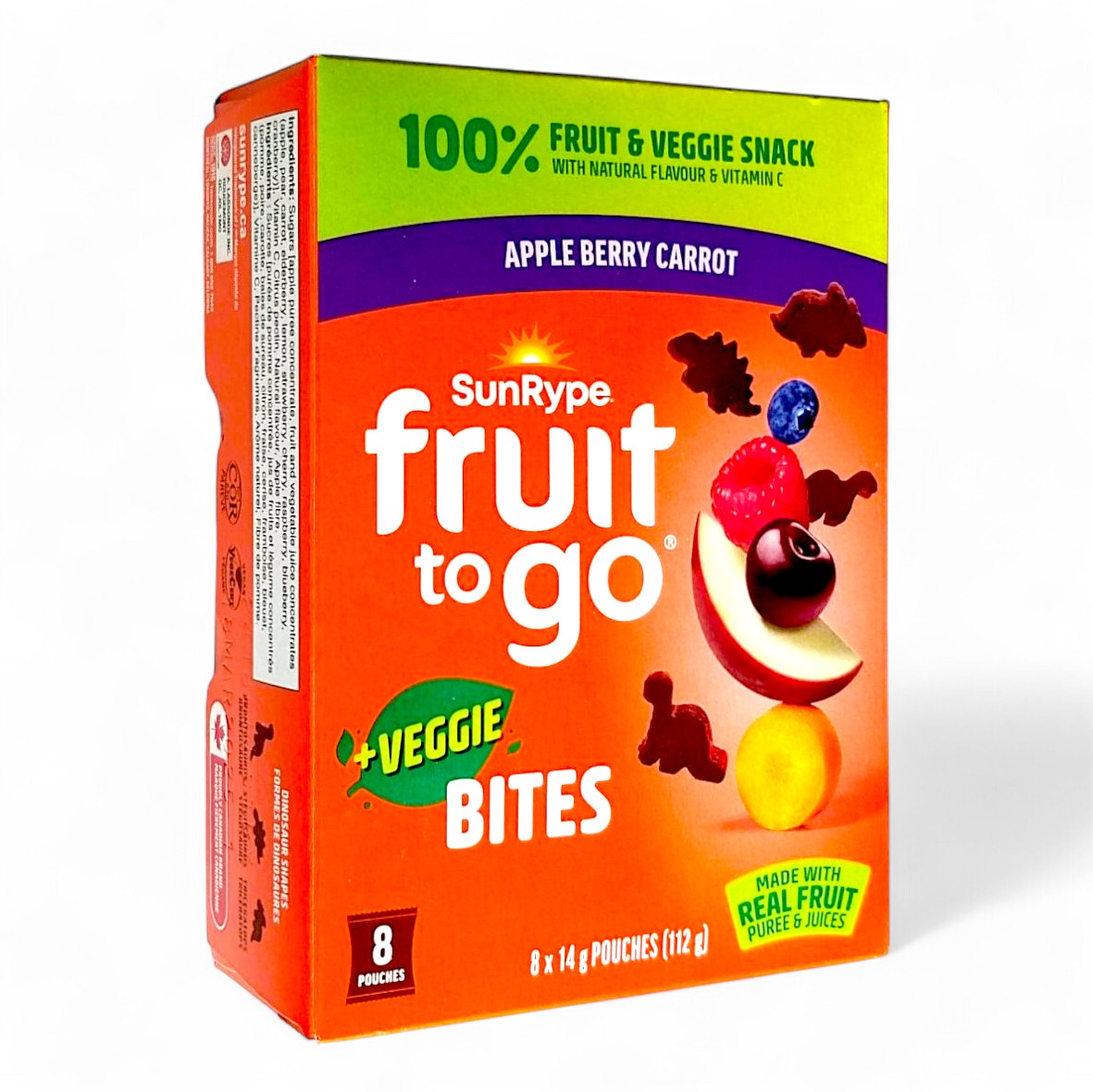 SunRype Fruit to Go + Veggie Bites, Apple Berry Carrot – 8 Pouches x 14g (112g/4 oz) - Angle Of Box